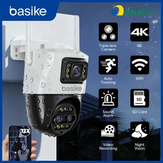 BASIKE Câmera Segurança 3 Lentes 12x Zoom 360° Visão 4K Noite Colorida Wi-Fi IP66 Prova DÁgua Detecção Movimento