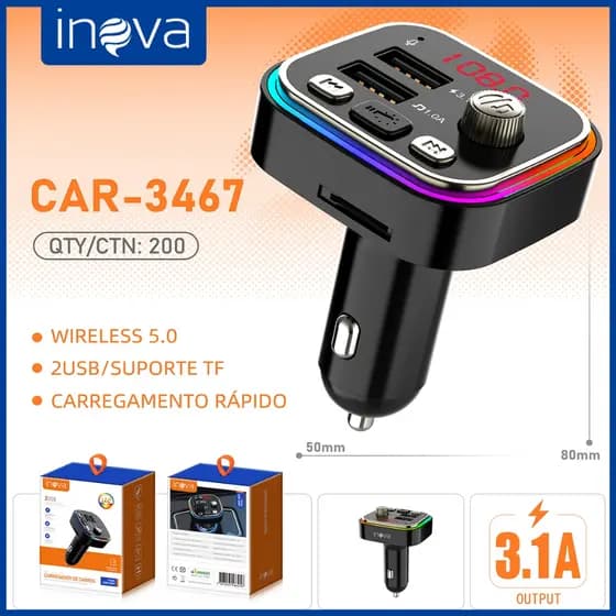 INOVA Adaptador Carro Bluetooth 5.0 + QC3.0 - Transmissor FM, MP3 Player, Áudio Estéreo e Carregamento Rápido