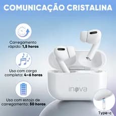 INOVA Fone Bluetooth 5.4 36H Bateria Redução Ruído 99% IPX5 Água Driver 13mm Pop-up