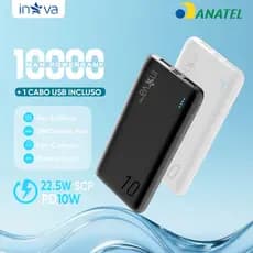 INOVA Power Bank 10000mAh 22.5W Carregamento Rápido Turbo Cabo USB Incluso Compatível iPhone Samsung Android