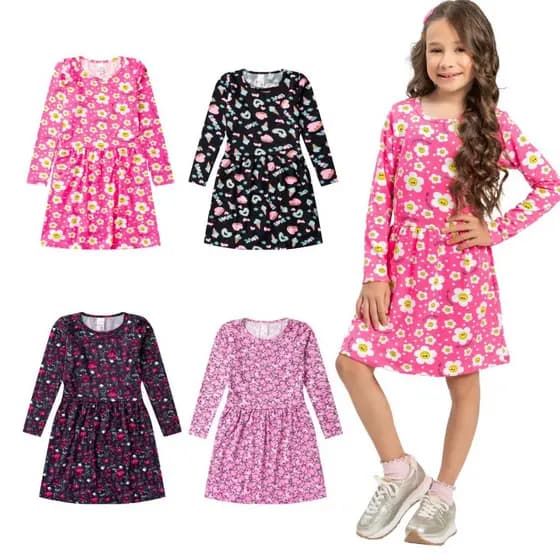 Kit 2 Vestidos Infantil Menina Manga Longa Frio Soltinho Quentinho Algodão Flanelado Festa