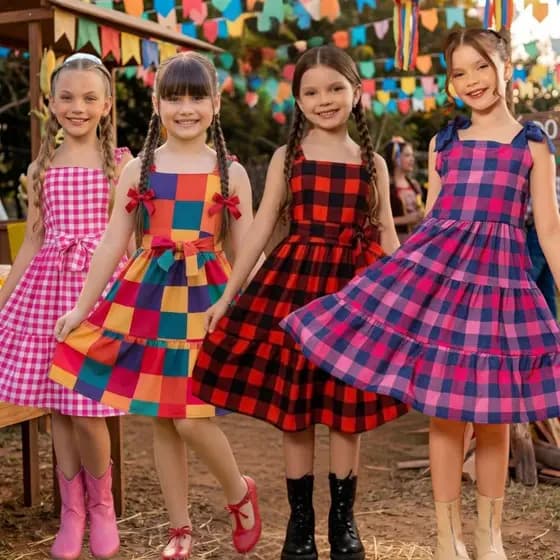 Vestido Infantil Xadrez Vermelho Luxo 04 a 16 anos Quadrilha Arraial Festa Junina Colorido