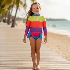 Maiô Infantil com Manga Longa e Zíper Frontal Feminino Estiloso Babado Menina Alta Proteção