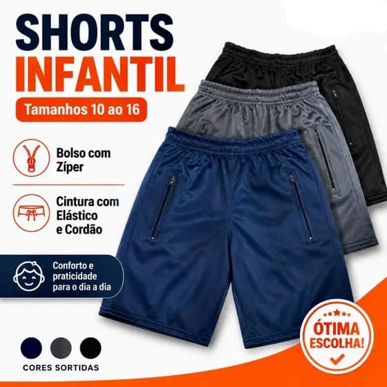 Kit 2 Shorts Infantil Juvenil 10 ao 16 com Ziper Nos Bolso