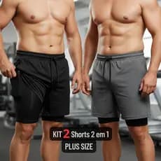 KIT 2 Shorts PLUS SIZE Para Academia Bermuda 2 em 1 Duplo Com Bolso Interno Treino