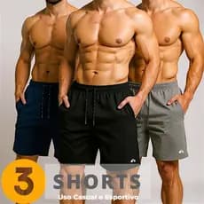 Kit 3 Shorts Tactel Elastano Masculino Bermuda Academia Praia Bolsos Cordão Ultra Leve