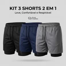 Kit 3 Shorts 2 em 1  Masculino Dry Fit com Bolso e Compressão Academia Corrida Treino
