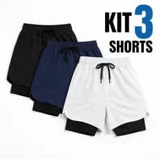 Kit 3 Shorts 2 em 1 Masculino Bermuda com Bolso e Compressão Academia Corrida Treino