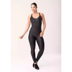 Macacão Longo de Academia Suplex Fitness Preto Textura Quadriculada Shine Yoga Moda Feminina