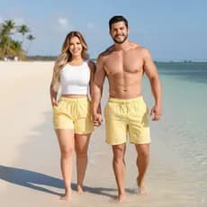 Kit Casal Amarelo Short Mágico Que Muda de Cor na Água Masculino e Feminino
