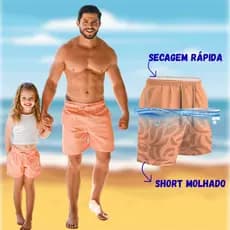 Kit Short Mágico Pai e Filha Pêssego Suave Moda Praia Família Estampa Mágica Aparece na Água
