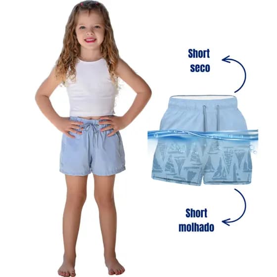 Short Infantil Feminino Azul Sereno Tactel Premium Cordão Ajustável Conforto e Estilo