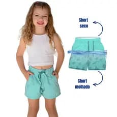 Short Infantil Feminino Verde Piscina Tactel Premium Regulagem Elástico Confortável Várias Cores