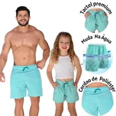 Short Estampa Mágica Kit Pai e Filha Verde Piscina Tactel Premium Secagem Rápida Praia Verão