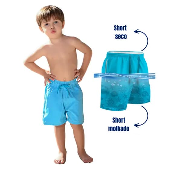 Short Mágico Infantil Masculino Azul Ciano Praia Piscina Cordão Regulagem Tactel Premium Confortável