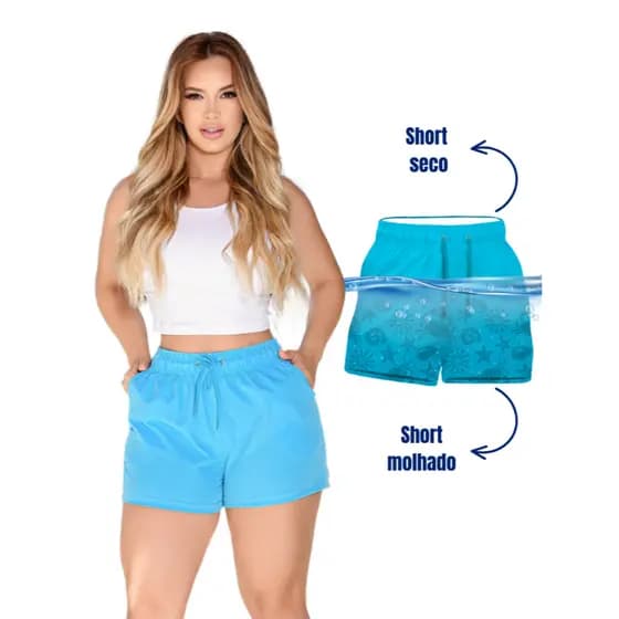 Short Feminino Azul Ciano Tactel Premium Estampa Mágica que Aparece na Água Bermuda Praia Piscina