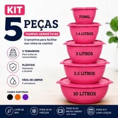 Kit 5 Potes Plásticos Saladeira com Tampa Vedação Hermética Diversas Cores Kit Cozinha
