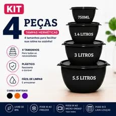 Kit 4 Potes Plásticos Saladeira com Tampa Vedação Hermética Diversas Cores Kit Cozinha