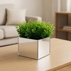 Cachepô Vaso Espelhado Quadrado 10x10cm com Arranjo de Flores Artificiais – Decoração Moderna para Ambientes Internos