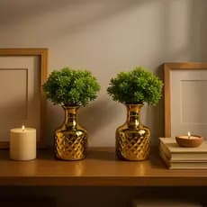 Kit Decoração Enfeite 2 Vasinhos Dourado + Planta Artif.
