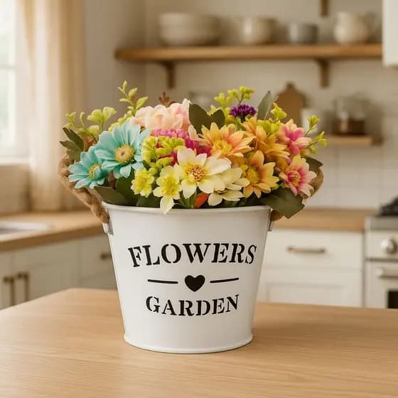 Cachepô Flowers Garden: Vaso de Metal com Alça de Corda e Arranjo Floral para Decoração de Ambientes