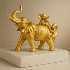 Escultura Decorativa Elefante com Filhotes Dourado Luxo