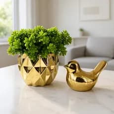 Conjunto Decoração Vasinho Cachepo E Pássaro Dourado