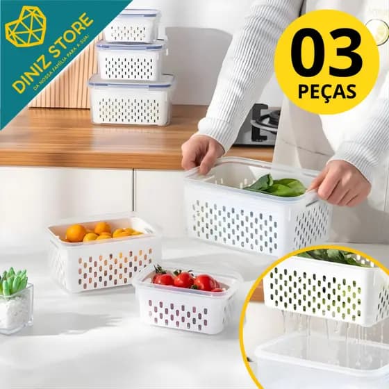 Conjunto 3 Potes Herméticos com Cesto Organização Vedação Cozinha Branco
