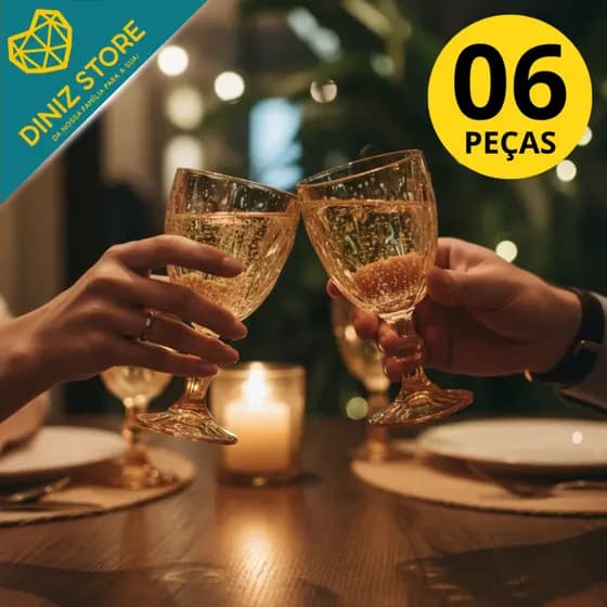 Conjunto 6 Taças Vidro Diamond Gold 325ml Elegante Resistente Sofisticado Beber