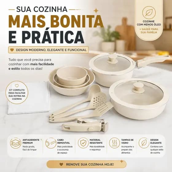 Kit Panelas Antiaderente Cabo Removível Branco Jogo Completo Indução com Acessórios