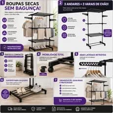 Varal Inox Torre 3 Andares Dobrável Retrátil com Rodinhas para Apartamento e Lavanderia AZUL