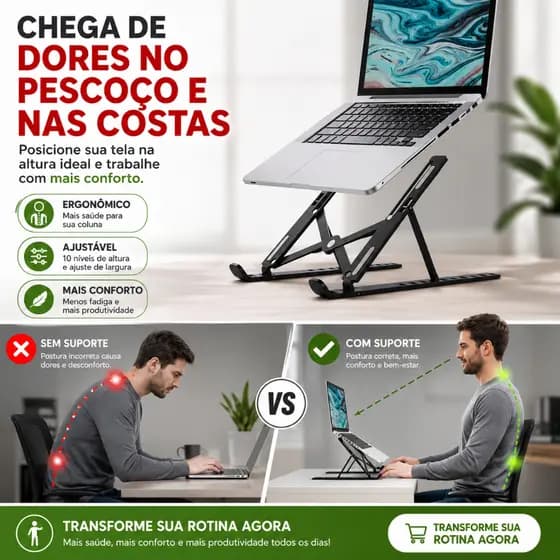 Suporte para Notebook Ajustável Ergonômico Dobrável Regulável Universal Tablet Netbook Leve Plástico
