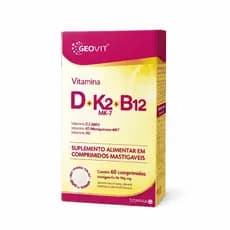 Vitamina D + K2 Mk7 + B12 Geovit Sabor Morango | 60 Comprimidos Mastigáveis