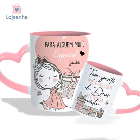 Caneca personalizada com alça de coração rosa - Caneca Menina - Caneca de Porcelana Personalizada Coração