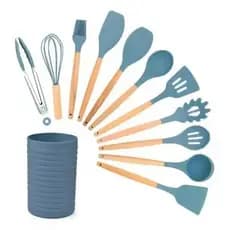 Kit Utensílios de Cozinha 12 Peças Silicone Cabo Madeira