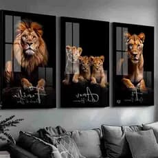 Quadros Decorativos Leão Leoa 3 Filhotes Rei Rainha Fé Amor Sala Quarto Religioso Tamanho Gg
