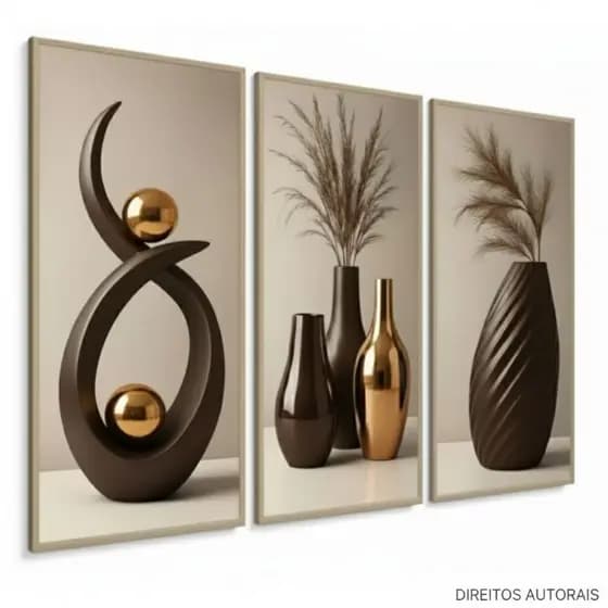 Trio de Quadros Decorativos Abstrato Esculturas e Vasos Sala Escritórios Hall Quarto