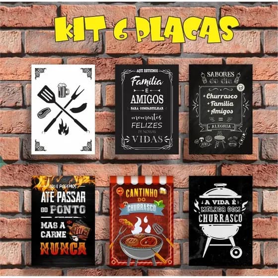 KIT 6 PLACAS/QUADROS DECORATIVOS - CANTINHO DO CHURRASCO
