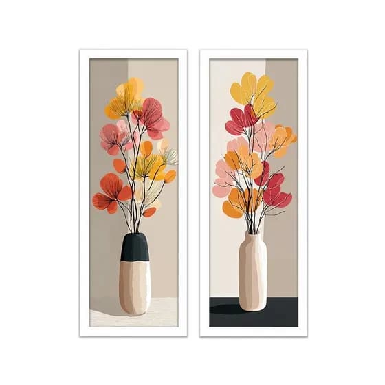 Kit 2 Quadros Decorativos Vasos Flor 18x45 Decoração Sala Escritório