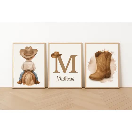 Quadros Decorativos Cavalo Cowboy Nome Personalizado Aquarela Botina Chapéu Letra Criança Infantil Bebê Cavalinho