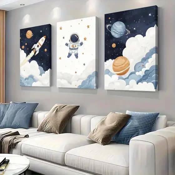 Quadro Decorativo Astronauta Fofo & Foguete no Espaço para Quarto Infantil e Decoração de Berçário