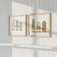 Kit 2 Quadros 18x18 cm Infantis Cactos Fofo decoração quarto bebe
