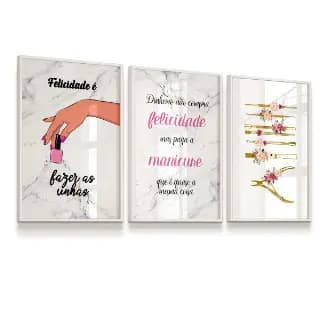 Quadro decorativo kit felicidade e fazer as unhas manicure 3 placas 13x19