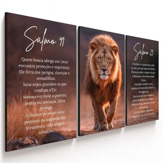 Quadros decorativos Leão Salmo 91 e Salmo 23 (3 peças)