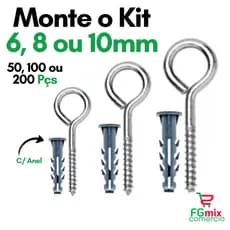 Kit Pitão e Bucha com Anel 6 8 10 Kit 50 100 200 Gancho Fechado Kit Pitao Zincado com Bucha Fixação