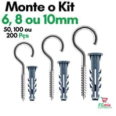 Kit Gancho e Bucha com Anel 6 8 10 Kit 50 100 200 Gancho Aberto Kit Gancho Zincado com Bucha Fixação