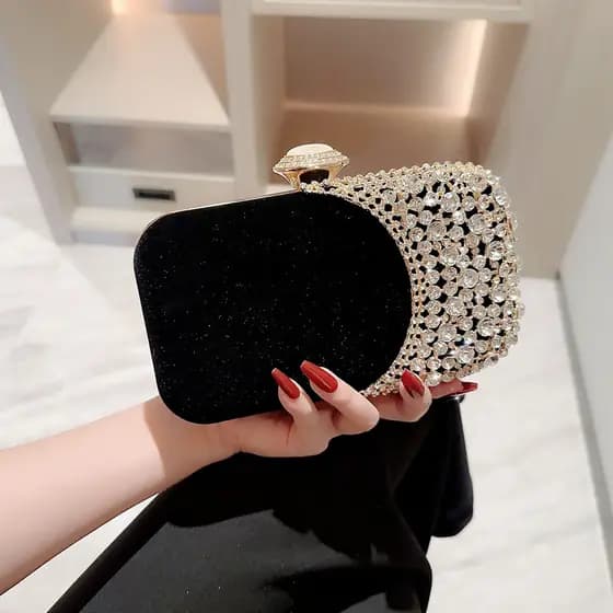 Bolsa Clutch Feminina Preta com Strass Champanhe e Alça Removível para Jantares e Festas Y1119