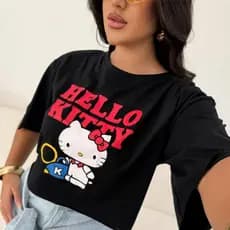 Cropped Oversized Feminino Estampa Hello Kitty 100% Algodão