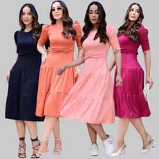 Vestido Feminino Canelado Três Marias Max Midi Manga Bufante Laço Elegante Cristã Moda Evangelica