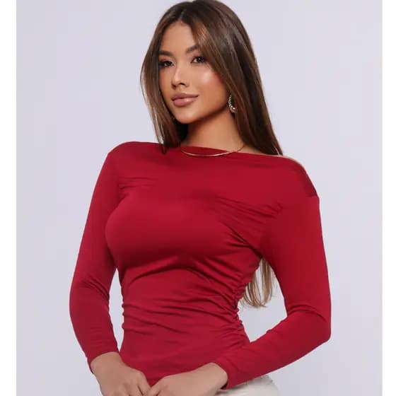 Blusa Feminina Manga Longa Estilosa Gola Reta Muscle tee Elegante Noite Balada